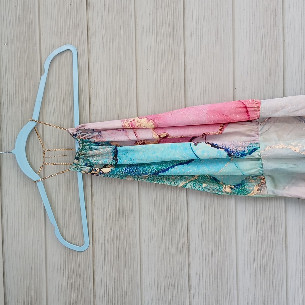$415 Retrofete Anahita Silk Elegant Pink and Green Halter Dress with Rhi… - Picture 5 of 9